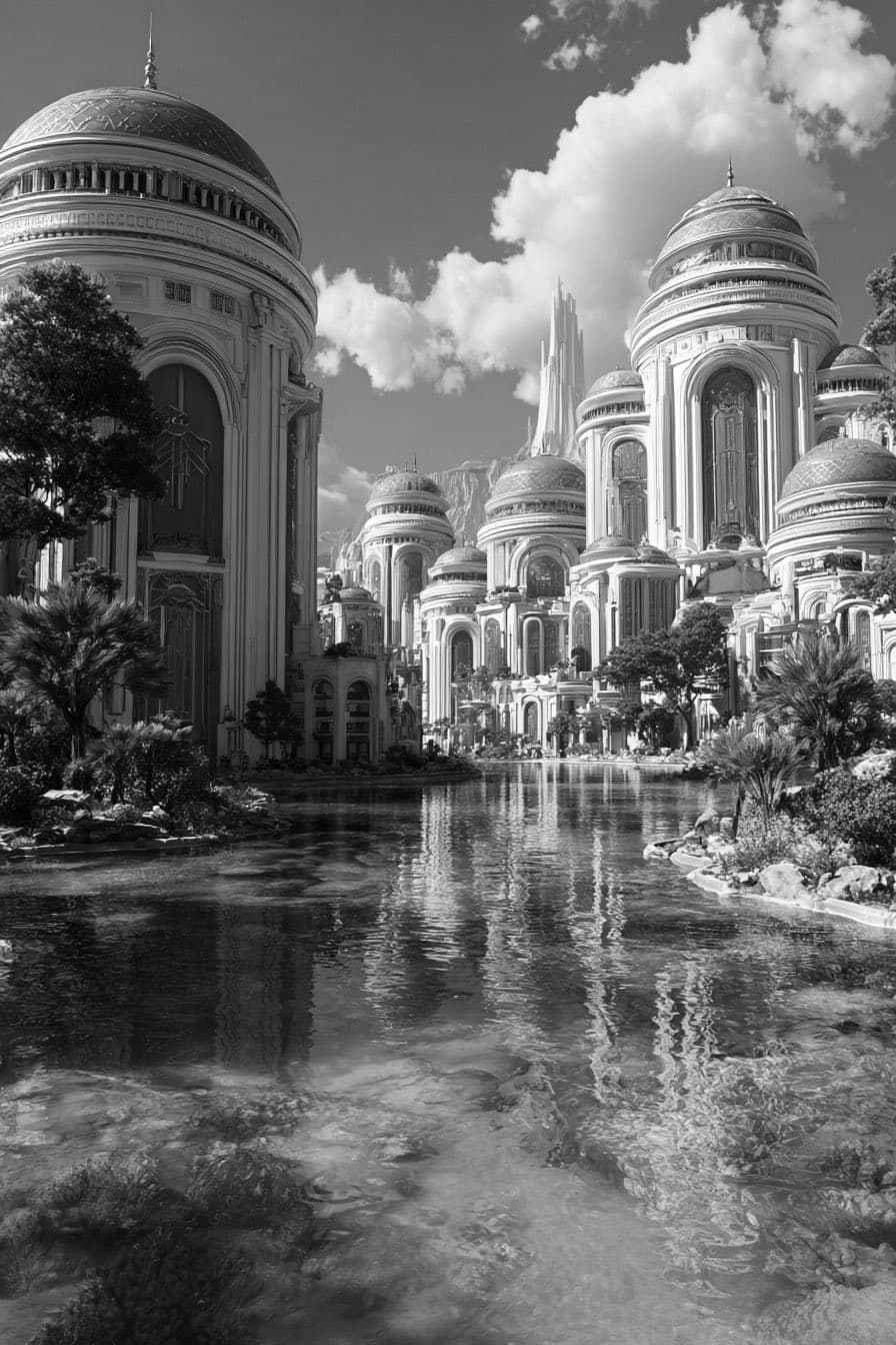Greco-futurist city of marble and turquoise domes
