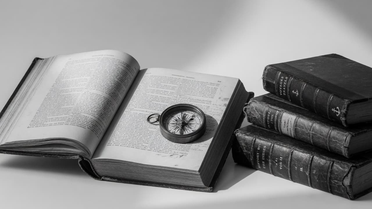 A small cluster of antique books and a compass on an empty abstract background