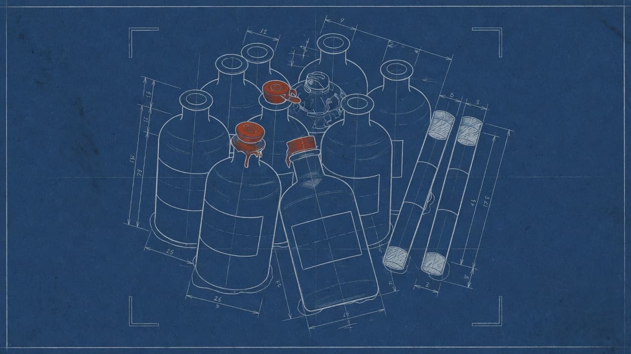Blueprint sketch of laboratory bottles with blank plates and red seals