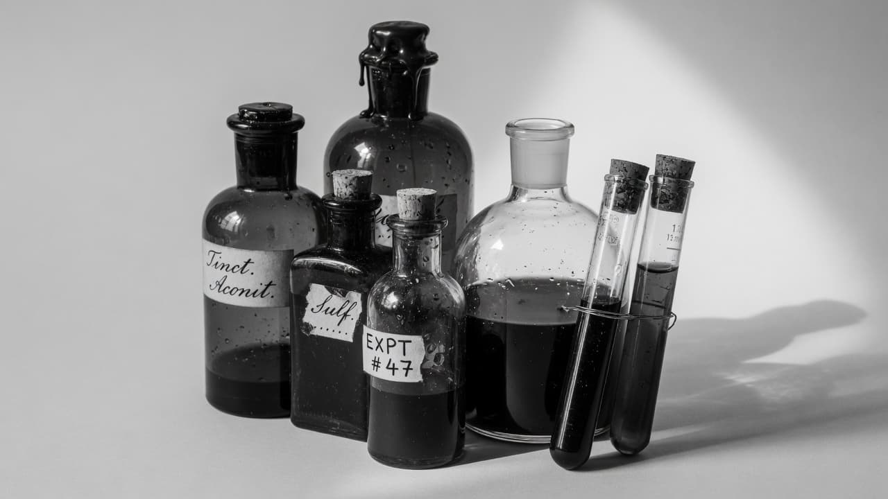 A small cluster of experimental bottles and test tubes on an empty abstract background